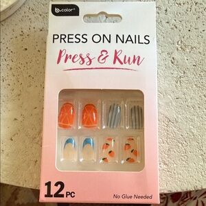 b.color Press On Nails - Orange, Blue & White Fruit & Stripe Set